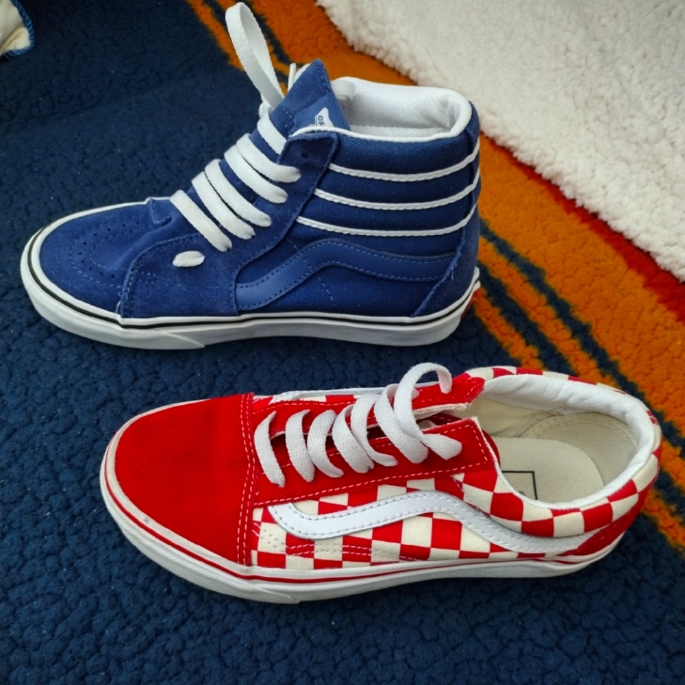 2 Pair VANS Red White Blue Old Skool Hi Tops Kids Women's 3.5 Mens 5 EUC